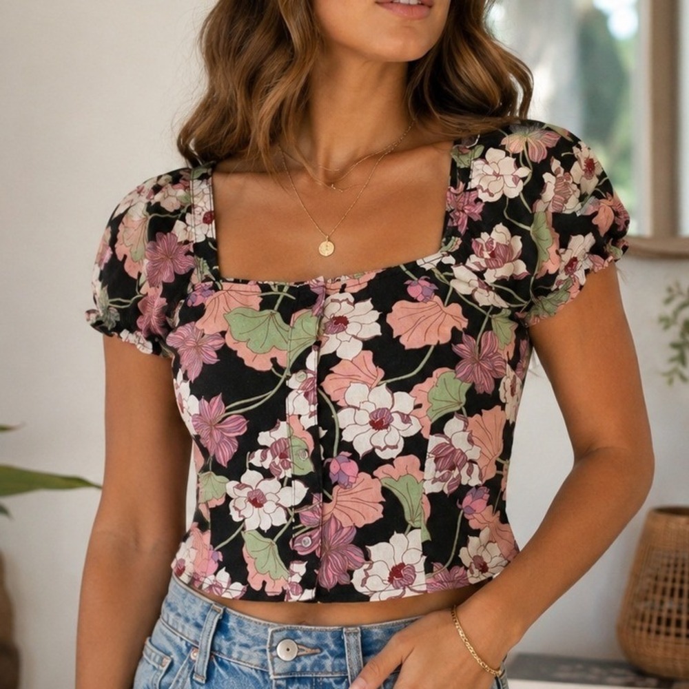 Who What Wear Womens Large Floral Linen Blend Puff Sleeve Smocked Crop Top Black - Picture 1 of 7